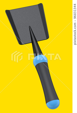 Garden shovel or trowel with wooden handle on yellow background, summer camping 96831344