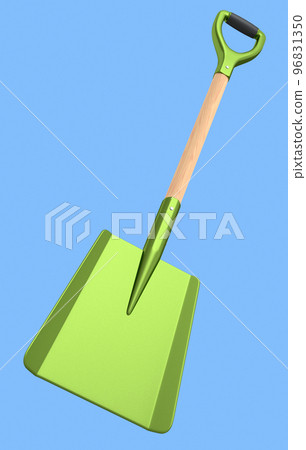 Garden shovel with wooden handle on blue background, summer camping concept Garden shovel with wooden handle on blue background, summer camping concept 96831350