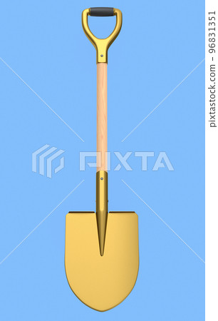 Garden shovel with wooden handle on blue background, summer camping concept Garden shovel with wooden handle on blue background, summer camping concept 96831351