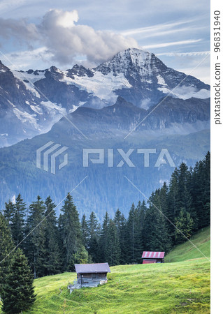 Snowcapped Bernese Swiss alps, Breithorn and alpine farms, Switzerland 96831940