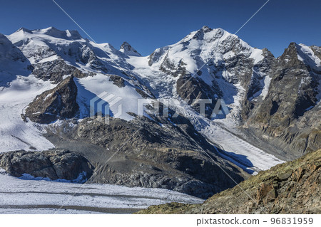 Bernina and Palu mountain range with glaciers in the Alps, Engadine, Switzerland 96831959