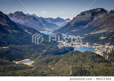 View Above St Moritz from Muottas Muragl of Upper Engadine, Graubunden, Switzerland View Above St Moritz from Muottas Muragl of Upper Engadine, Graubunden, Switzerland 96831988