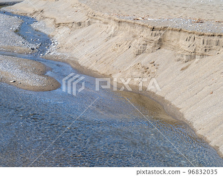 A river flowing along the sandy beach. A river flowing along the sandy beach. 96832035