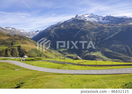 Oberalp mountain pass, dramatic road with swiss alps, Switzerland Oberalp mountain pass, dramatic road with swiss alps, Switzerland 96832115