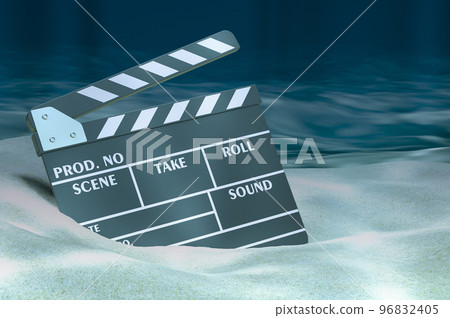 Clapperboard on ocean bottom underwater. Film about underwater world concept, 3D rendering 96832405