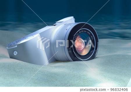 Digital camera on ocean bottom underwater, 3D rendering Digital camera on ocean bottom underwater, 3D rendering 96832406