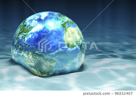 Earth Globe on ocean bottom underwater, 3D rendering Earth Globe on ocean bottom underwater, 3D rendering 96832407