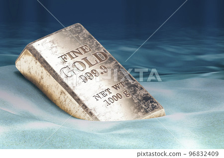 Golden ingot on ocean bottom underwater. 3D rendering Golden ingot on ocean bottom underwater. 3D rendering 96832409