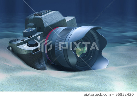 Professional digital camera on ocean bottom underwater, 3D rendering 96832420