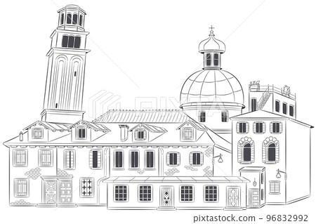Black and white drawing of old Venetian houses and a bell tower on a white background. 96832992