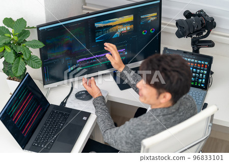 Video/video creator, male, video marketing, editing, advertising activities, bird's-eye view, multi-display, gimbal 96833101