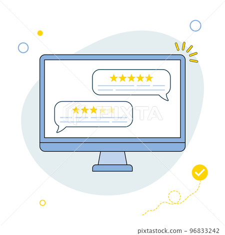 Customer reviews. User reviews bubble on computer. Feedback, experience concept. Online review notifications with star ratings. Flat style. Vector illustration Customer reviews. User reviews bubble on computer. Feedback, experience concept. Online review notifications with star ratings. Flat style. Vector illustration 96833242