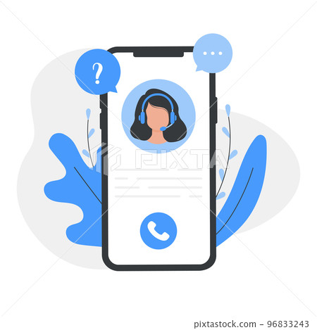 Customer service, operator woman with headphones and a microphone around icons support elements. Call center. Personal assistant service. Flat style vector illustration Customer service, operator woman with headphones and a microphone around icons support elements. Call center. Personal assistant service. Flat style vector illustration 96833243
