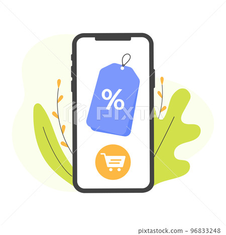 Phone with discount. Store special offers advertisement. Markdown program, loyalty program, promotional mix metaphors. Vector flat illustration Phone with discount. Store special offers advertisement. Markdown program, loyalty program, promotional mix metaphors. Vector flat illustration 96833248