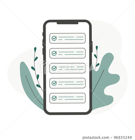Mobile phone and checklist vector illustration, flat cartoon smartphone with list checkboxes, concept of survey, online quiz, completed things or done test, cellphone feedback Mobile phone and checklist vector illustration, flat cartoon smartphone with list checkboxes, concept of survey, online quiz, completed things or done test, cellphone feedback 96833249