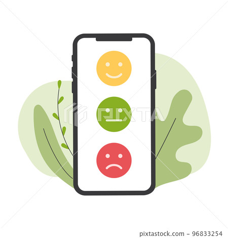 Feedback emotion scale on phone. Reviews with good and bad rating. Feedback in the form of emotions. Vector flat illustration Feedback emotion scale on phone. Reviews with good and bad rating. Feedback in the form of emotions. Vector flat illustration 96833254