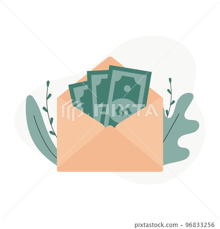 Opened envelope with money. Dollar bills. Salary, earning and savings concept. Vector Illustration 96833256