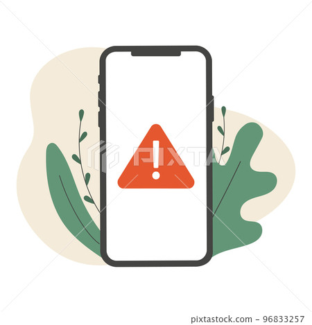 Alert, mobile phone notification, warning, virus, error, important message concepts. Smartphone with exclamation point on screen. Modern flat design. Vector illustration 96833257