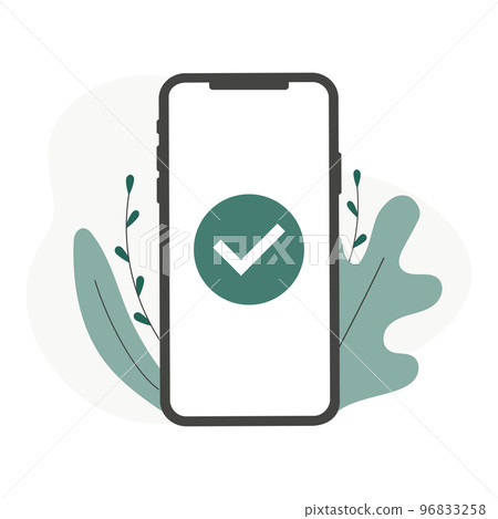 Smartphone and checkmark vector illustration, flat mobile phone approved tick notification, idea of successful update check mark, accepted, complete action on cellphone, yes or positive vote 96833258