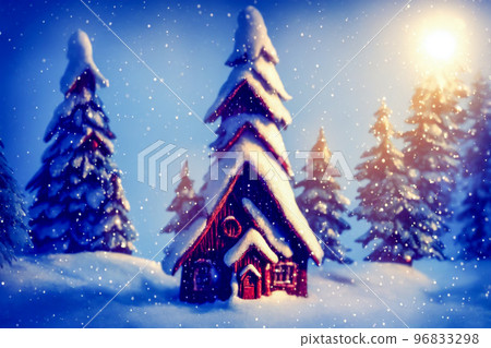 Abstract toy castle. Fairy hut. Christmas winter background. 3d image 96833298