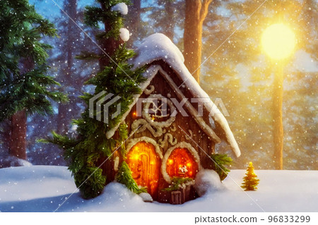 Abstract toy castle. Fairy hut. Christmas winter background. 3d image 96833299