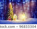 Abstract toy castle. Fairy hut. Christmas winter background. 3d image 96833304