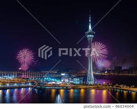 Night view of the fireworks over Macau Tower Convention and Entertainment Center Night view of the fireworks over Macau Tower Convention and Entertainment Center 96834004