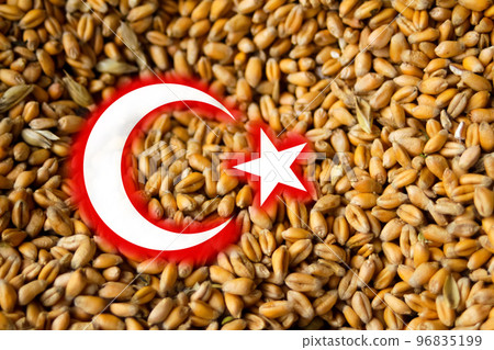 Defocus Russian-Ukrainian grain deal. Turkey flag. High grain price, wheat shortage and food crisis concept. Block ports. Trade. Out of focus 96835199