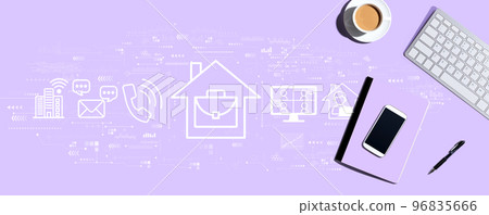 Telework theme with computer keyboard and office items Telework theme with computer keyboard and office items 96835666