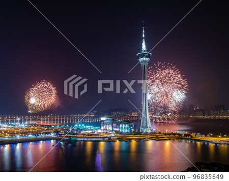 Night view of the fireworks over Macau Tower Convention and Entertainment Center Night view of the fireworks over Macau Tower Convention and Entertainment Center 96835849