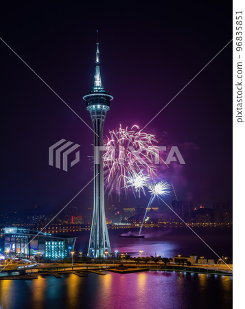 Night view of the fireworks over Macau Tower Convention and Entertainment Center Night view of the fireworks over Macau Tower Convention and Entertainment Center 96835851