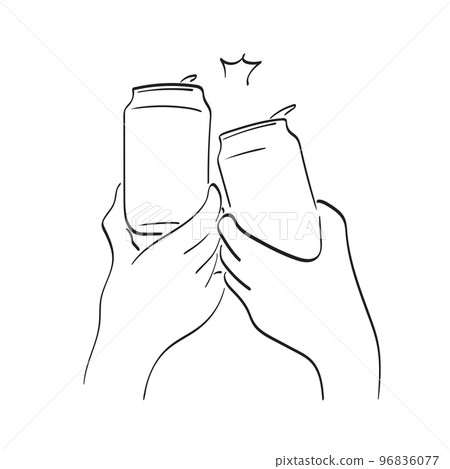 Two hands clinking beer cans illustration vector hand drawn isolated on white background line art. Two hands clinking beer cans illustration vector hand drawn isolated on white background line art. 96836077