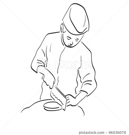 masmale chef with hat using knife on food illustration vector hand drawn isolated on white background line art. 96836078