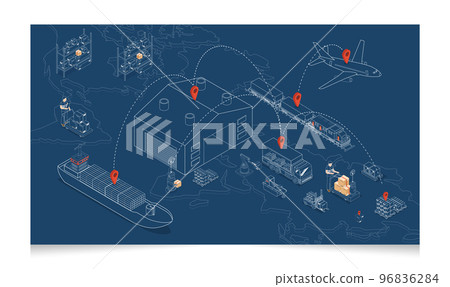 3D isometric Global logistics network concept with Transportation operation service, Export, Import, Cargo, Air, Road, Maritime delivery. Vector illustration EPS 10 96836284
