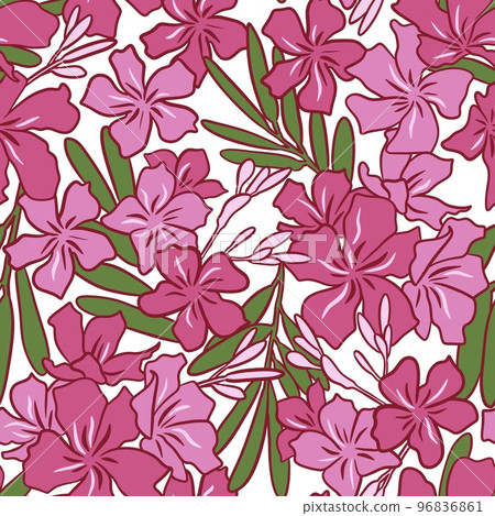 Hand drawn seamless patter of nerium oleander pink flowers green leaves on white background. Tropical floral summer spring fabric print, toxic poisonous plant nature bloom blossom background. 96836861
