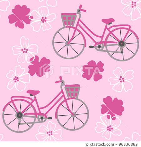 Hand drawn seamless pattern with pink bicycles on cherry sakura blossom flower floral background. Sport transportation vehicle outdoor actvity, travel bike for teenagers graphic sketch tourism cycling 96836862