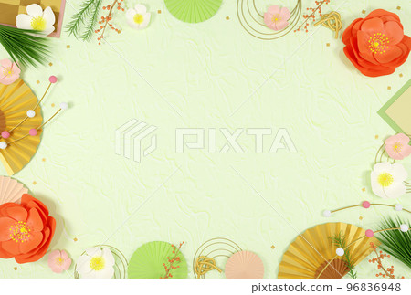 Postcard material Plum and folding fan auspicious green background frame Postcard material Plum and folding fan auspicious green background frame 96836948