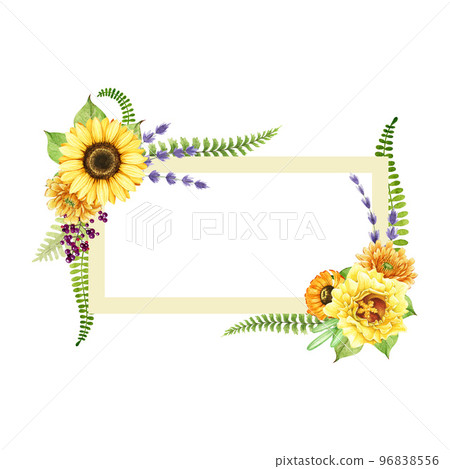 Bright summer flower decorative square frame. Watercolor illustration. Hand drawn sunflower, lavender, calendula flowers, fern, green leaves, grass decor frame. Rustic style decor. White background 96838556