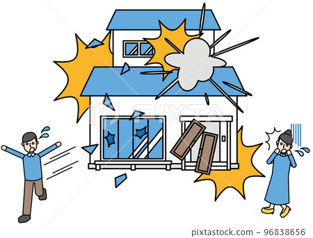 Simple house with gas explosion and residents... - Stock Illustration ...