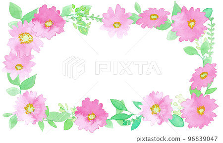 水彩。帶有水彩筆觸的矢量植物框架。與粉紅色的花朵和植物的裝飾框架。 水彩。帶有水彩筆觸的矢量植物框架。與粉紅色的花朵和植物的裝飾框架。 96839047