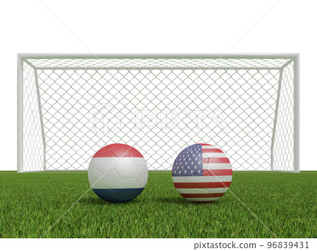Footballs in flags colors on soccer field . Netherlands with USA. 3d rendering Footballs in flags colors on soccer field . Netherlands with USA. 3d rendering 96839431