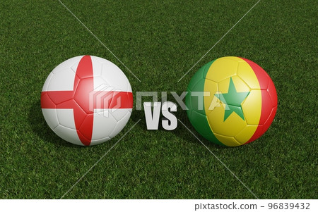 Footballs in flags colors on soccer field . England with Senegal. 3d rendering Footballs in flags colors on soccer field . England with Senegal. 3d rendering 96839432