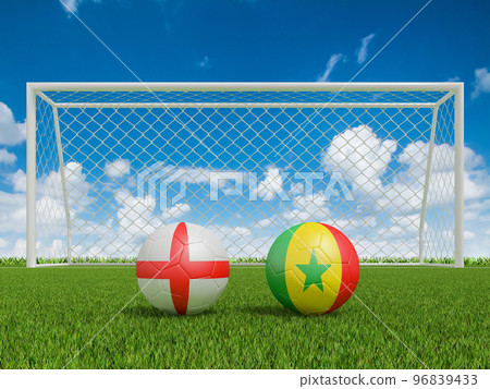 Footballs in flags colors on soccer field . England with Senegal. 3d rendering Footballs in flags colors on soccer field . England with Senegal. 3d rendering 96839433