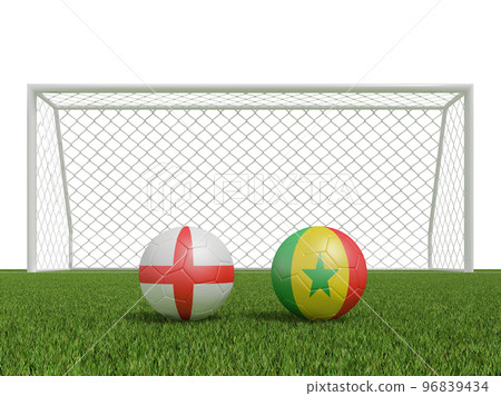 Footballs in flags colors on soccer field . England with Senegal. 3d rendering Footballs in flags colors on soccer field . England with Senegal. 3d rendering 96839434
