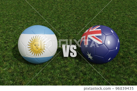 Footballs in flags colors on soccer field .Argentina with Australia. 3d rendering Footballs in flags colors on soccer field .Argentina with Australia. 3d rendering 96839435