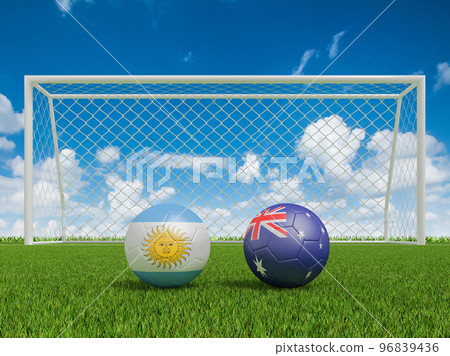 Footballs in flags colors on soccer field .Argentina with Australia. 3d rendering Footballs in flags colors on soccer field .Argentina with Australia. 3d rendering 96839436