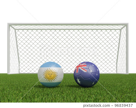 Footballs in flags colors on soccer field .Argentina with Australia. 3d rendering Footballs in flags colors on soccer field .Argentina with Australia. 3d rendering 96839437