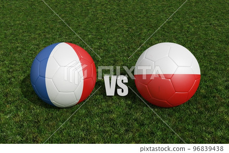 Footballs in flags colors on soccer field. france with poland . 3d rendering Footballs in flags colors on soccer field. france with poland . 3d rendering 96839438