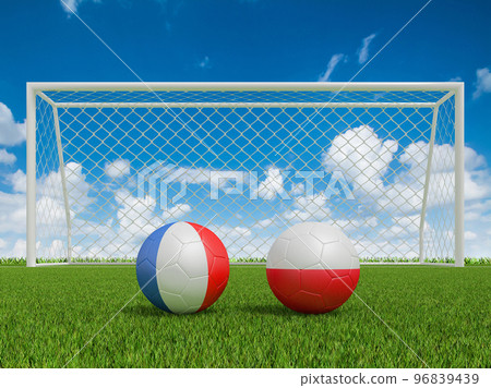 Footballs in flags colors on soccer field. france with poland . 3d rendering Footballs in flags colors on soccer field. france with poland . 3d rendering 96839439