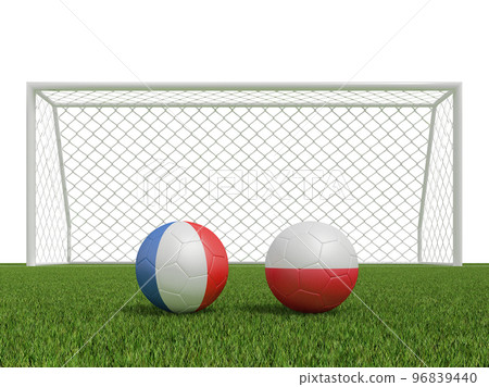 Footballs in flags colors on soccer field. france with poland . 3d rendering Footballs in flags colors on soccer field. france with poland . 3d rendering 96839440